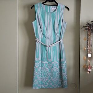 Calvin Klein teal and grey brocade dress with belt